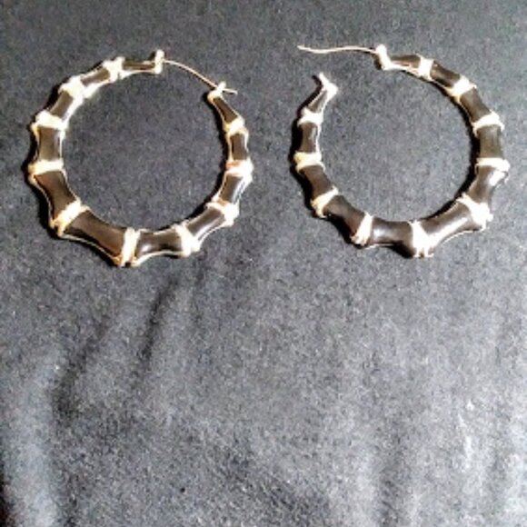 Medium size bamboo section earrings Black & Silver Retro Hip Hop Style - Picture 4 of 11